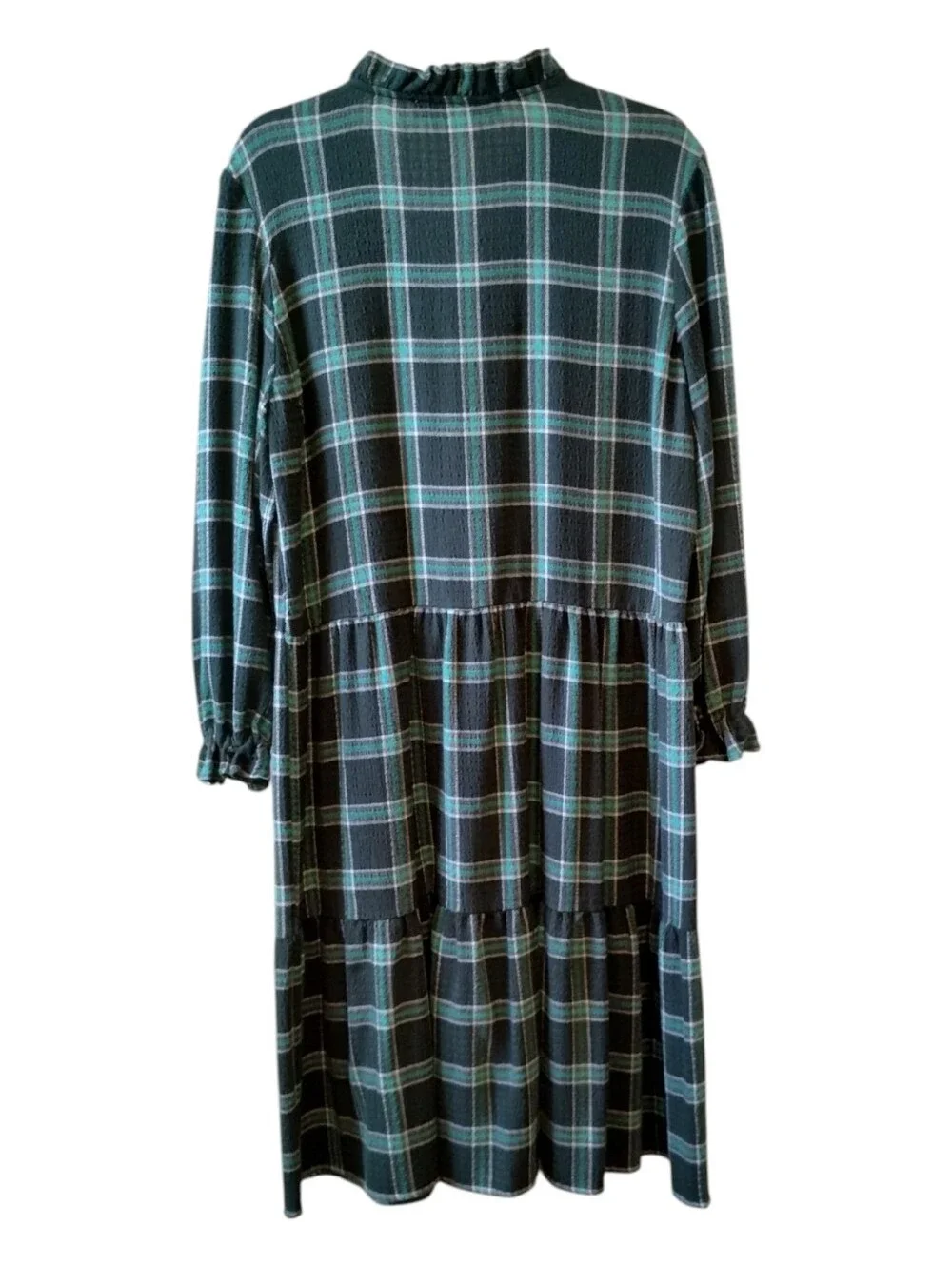LOFT Green Plaid Tiered Ruffle Mini Dress Small Button Front Long Sleeve